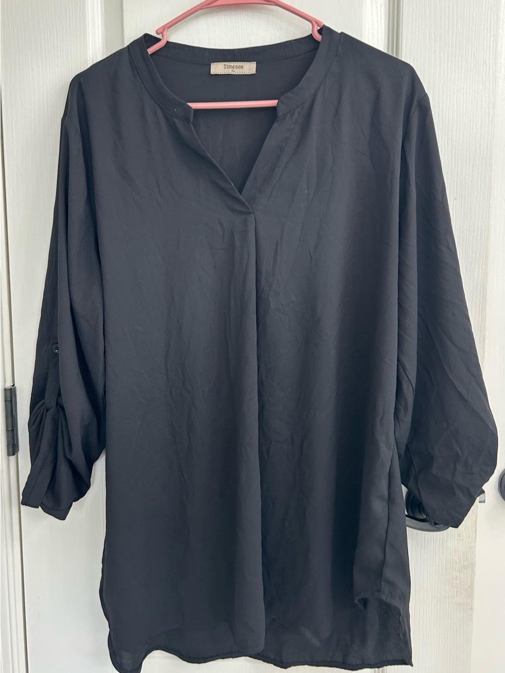 Ellison Black V-Neck Roll-Tab Sleeve Tunic